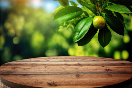 Focus empty wood table in avocado tree with blurred natural tree background. Concept of blank space for advertising product. Finest generative AI.の素材
