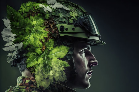 Wondrous double exposure of greenery and green leaves from tree covered agronomist wearing hardhat cover concept of sustainability energy and environmental engineering technology by Generative AI.の素材