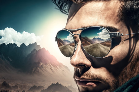 Sunglasses mirrored reflection of the wondrous mountain path and sunny sky portrayed by hiker man in natural adventurous and nature exploring concept by Generative AI.の素材