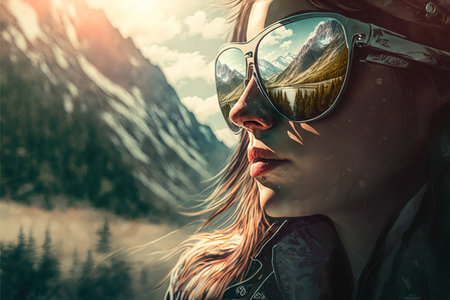 Adventure and natural travel in the wondrous mountain landscape and beautiful sky concept portrayed by young woman wearing sunglasses with reflection of the nature environment by Generative AI.の素材