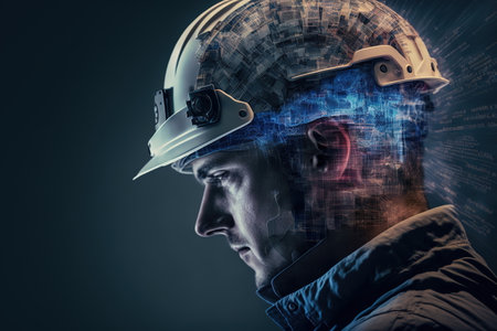 Electrical engineering concept design. electrician or engineer wear hardhat with double exposure effect on his head feature with wondrous electric circuit or wire pattern texture by Generative AI.の素材