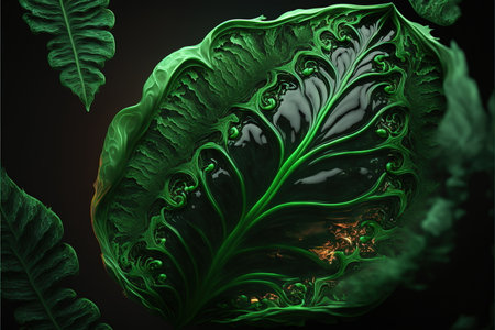 Luxurious green leaf from tropical with fantasy macro texture in glossy rock shape with wondrous fairytale natural leaves background by Generative AI.の素材