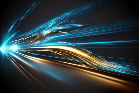 Abstract of speed car racing of taillight in streak with blue and gold color concept. Art in digital street background. Finest generative AI.の素材