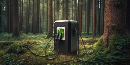 Electric car EV charger station in middle of green forest. distinct generative AI image.の素材