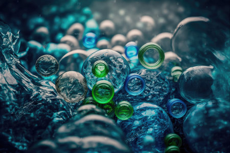 Concept of plastic recycle with blue bottle background. Inspiration of separated used plastic scrap of recyclable reducing global warming pollution. Finest generative AI.の素材