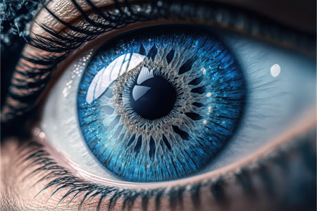 Close-Up of eye perfect blue eye macro vision. Concept of through eyelash view precise and straight to the target. Finest generative AI.の素材