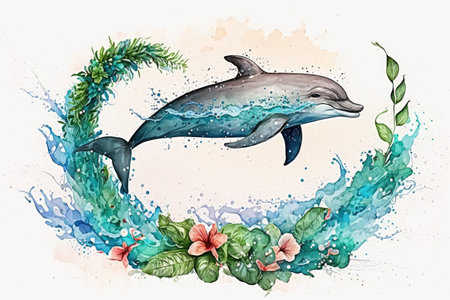 Happy dolphin in hand drawing watercolor style with summer flower decoration. distinct generative AI image.の素材