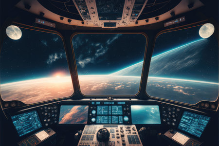 Outer view of spaceship window with control system room. Abstract discover new planet in space. Finest generative AI.の素材