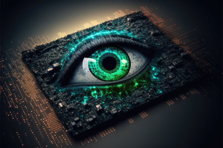 Abstract technology computer art in eyesight from circuit board ship neon light. Concept of scanning by eyeball analysis database. Finest generative AI.の素材