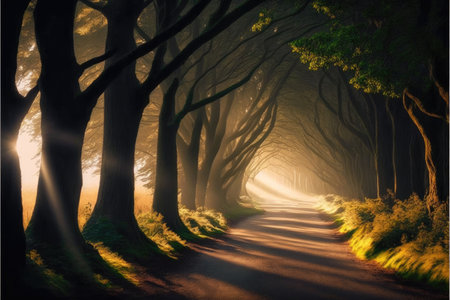 Walking space or trails along the forest with shining brightly sunlight. Abstract in the mysterious wideness with nature. Finest generative AI.の素材