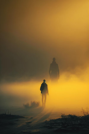 Lonely man walking in barren arid plain landscape. superlative generative AI image.の素材