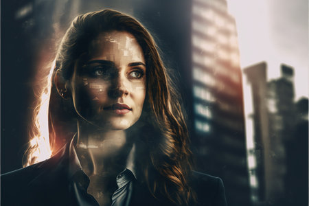 Ambitious businesswoman portrait in black suit-clad with background residential city highrise buildings in double exposure, Successful businesspeople with strategic plans. Superb Generative AI.の素材