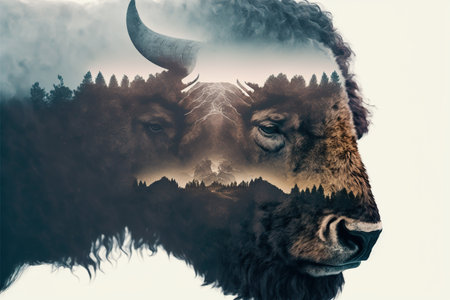 American male bison grazing on grassland with double exposure background of natural scenery in yellowstone. Large mammal body with fur and horn. Superb Generative AI.の素材