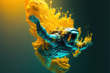 Contemporary abstract artwork of astronaut in space suit floating in the vastness of deep space and yellow fluid or smoke. Cosmic exploration or travel in state of mind concept. Superb Generative AI.の素材