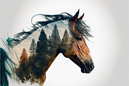 Horse with double exposure with natural forest landscape background as concept of animal in natural adventure in the wilderness with animal artwork. Superb Generative AI.の素材