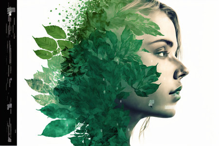 Beautiful woman portrait with blossom greenery foliage leaf hairstyle on isolated background double exposure. Girl face cover with blossom springtime leaves. Superb Generative AI.の素材