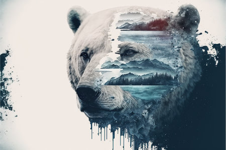 image shown by polar bear suffer due to melting ice caused by the impact of climate change on double exposure of global warming turning arctic hotter in background. Superb Generative AI.の素材