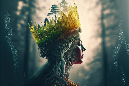 Majestic queen of the forest profile double exposure with natural greenery and foliage texture with crown floral design on her head. Fantasy princess of the woods. Superb Generative AI.の素材