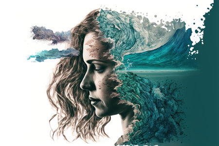 Double exposure woman portrait with natural freshness of seascape and ocean background for sense of peaceful tranquility concept. Meditative and mental ability abstract art. Superb Generative AIの素材