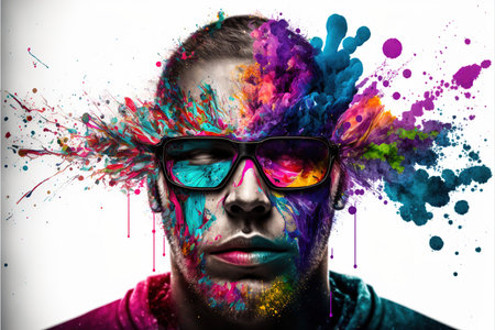 Contemporary modern abstract art man with powerful vivid color explosion on her head as symbol for inner stress and negative though for intense emotion mental health. Superb Generative AI.の素材