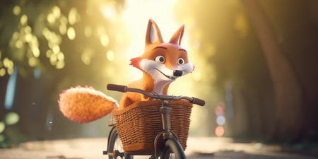 fox have fun bicycle ride on sunshine day in summer on town streetの素材