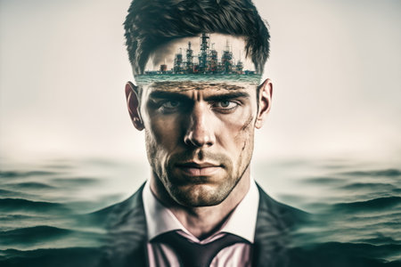 Wondrous visually businessman wearing black suit portrait and offshore oil rig double exposure as concept of modern petroleum and gas exploration and extraction in the sea by Generative AI.の素材