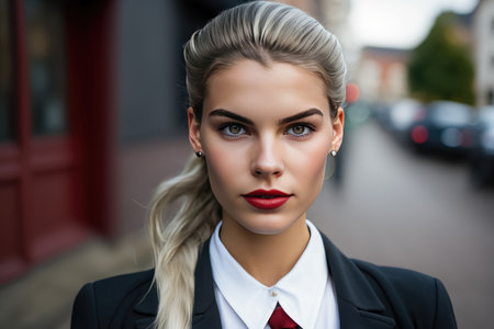 A beautiful young businesswoman portrait, outdoor and woman looking at camera. distinct generative AI image.の素材