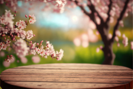 Focus empty wood table in blossom cherry flower with blurred natural tree background. Concept of blank space for advertising product. Finest generative AI.の素材