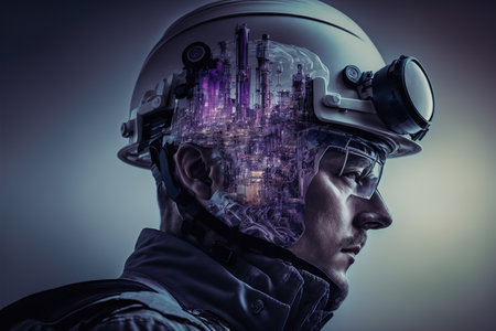 Wondrous image of modern oil refinery technology efficiently processes crude oil into valuable goods vial industrial pipeline. Engineer with hardhat portrait in double exposure by Generative AI.の素材