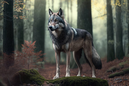 A wolf in the forest in summer. distinct generative AI image.の素材