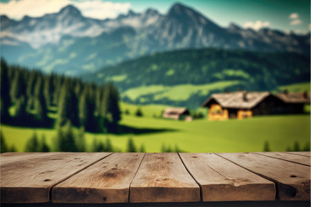 Focus empty wood table with blurred natural tree meadow background. Concept of blank space for advertising product. Finest generative AI.の素材
