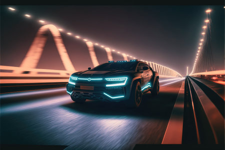 Cyber neon driving green power sport car with hybrid technology automotive. Concept of light glowing on dark city view in night life. Finest generative AI.の素材