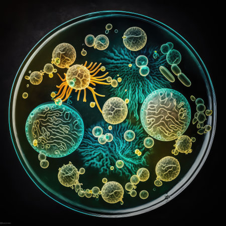 Close up of bacteria and virus cells in science laboratory sample dish for serumの素材