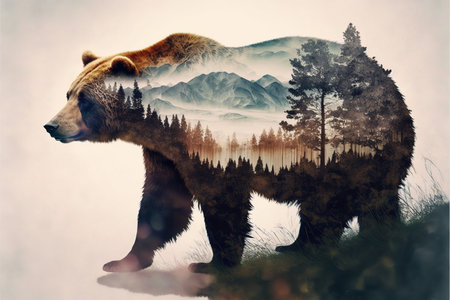 Wondrous brown grizzly bear in outdoor double exposure with natural taiga forest mountain background design as concept of adventure and exploring nature with peaceful environment. Generative AIの素材
