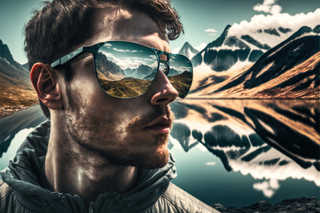Sunglasses mirrored reflection of the wondrous mountain path and sunny sky portrayed by hiker man in natural adventurous and nature exploring concept by Generative AI.の素材