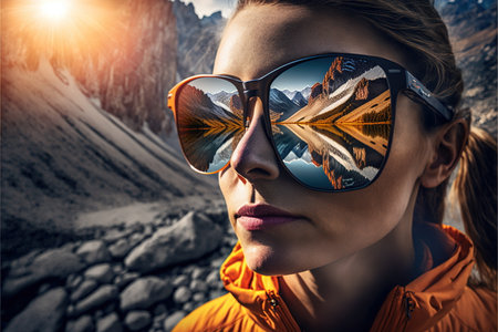 Sunglasses mirrored reflection of the wondrous mountain path and sunny sky portrayed by hiker woman in natural adventurous and nature exploring concept by Generative AI.の素材