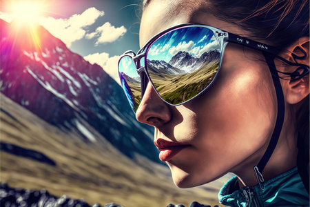 Young female cyclist portrait wearing sunglasses with wondrous reflection of natural environment of mountain landscape and beautiful sky, Fitness and extreme sport in the peak concept Generative AIの素材