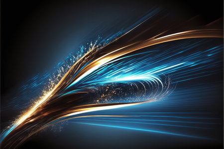 Abstract of speed car racing of taillight in streak with blue and gold color concept. Art in digital street background. Finest generative AI.の素材