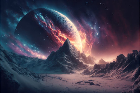 Landscape in fantasy new planet with galaxy background. Concept of nebula space atmosphere with mountain and snowy. Finest generative AI.の素材