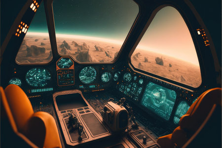 Outer view of cockpit spaceship window with control system room. Abstract discover new planet in space. Finest generative AI.の素材