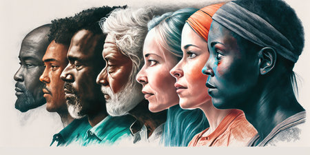 Face portrait of diverse people together looking straight. Multiracial concept. distinct generative AI image.の素材