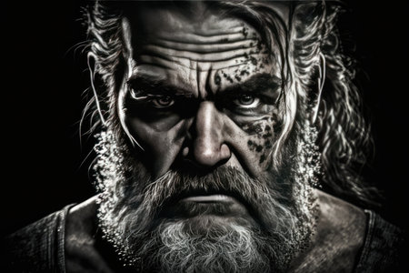 Close up view of old warrior man face with serious and sad emotion. distinct generative AI image.の素材