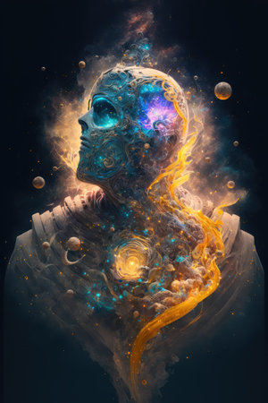 Surreal image of humanoid with floating intrinsic iridescent in nebula. Element of colorful spiral smoke with outer imagination design. Finest generative AI.の素材