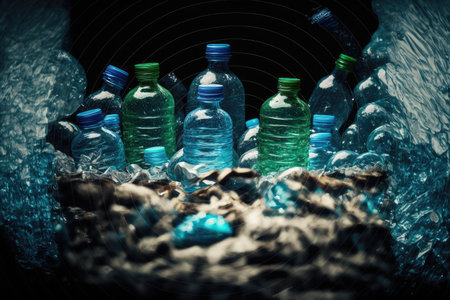 Concept of plastic recycle with blue bottle background. Inspiration of separated used plastic scrap of recyclable reducing global warming pollution. Finest generative AI.の素材