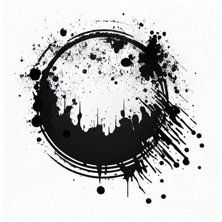Abstract of black grunge circle fresh isolated on white background. Concept of painting technique. Finest generative AI.の素材