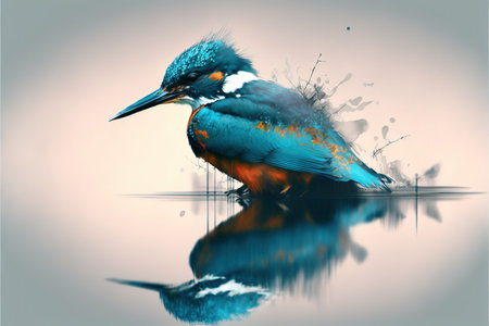 Contemporary abstract artwork double exposure kingfisher of and forest landscape design, concept of bird and natural wilderness adventure. Superb Generative AI.の素材