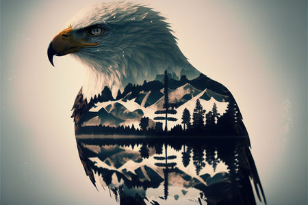 Bird of prey eagle head portrait with sharp eyesight on double exposure with natural landscape with lush forest and mountain scenery showing beauty and majesty of nature. Superb Generative AI.の素材