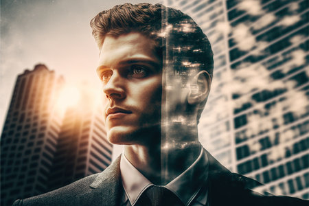 Ambitious businessman portrait in black suit-clad with background residential city highrise buildings in double exposure, Successful businesspeople with strategic plans. Superb Generative AI.の素材