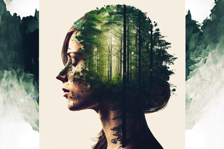 Double exposure image of woman portrait with natural freshness of forest background for sense of peaceful tranquility concept. Meditative and mental ability abstract art. Superb Generative AIの素材
