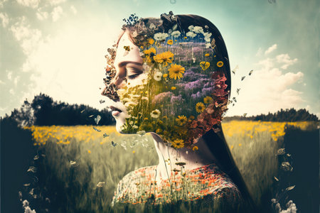 Double exposure woman and flower in meadow during spring, beauty scenery for sense of positive growth mindset perfect for serene concept. Meditative and mental abstract art. Superb Generative AIの素材